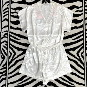 Vintage Lingerie Matching Pajama Set Camisole Shorts Rose Floral Lace 90s